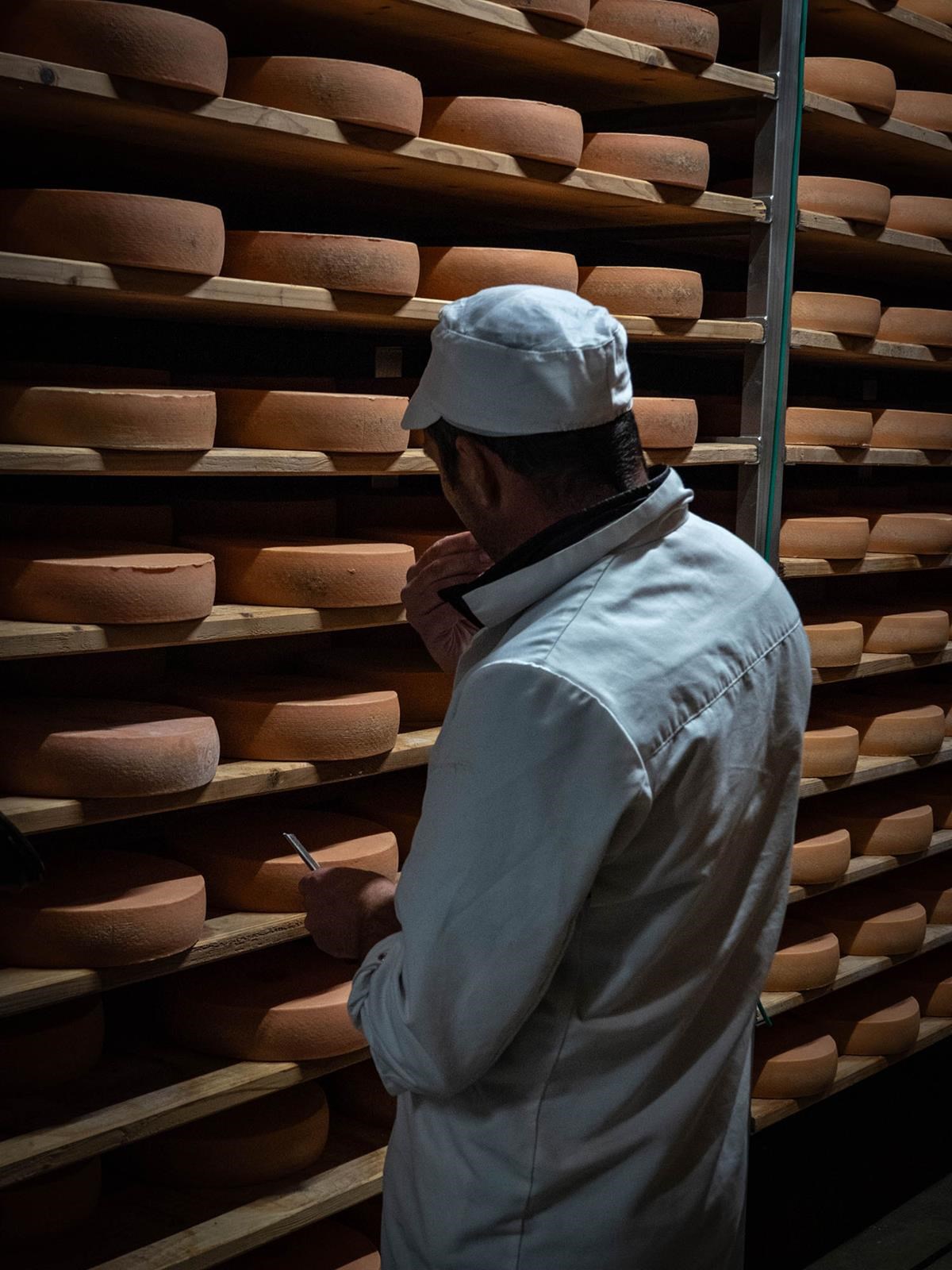 Technicien qui déguste de la raclette de savoie dans le cave d'affinage